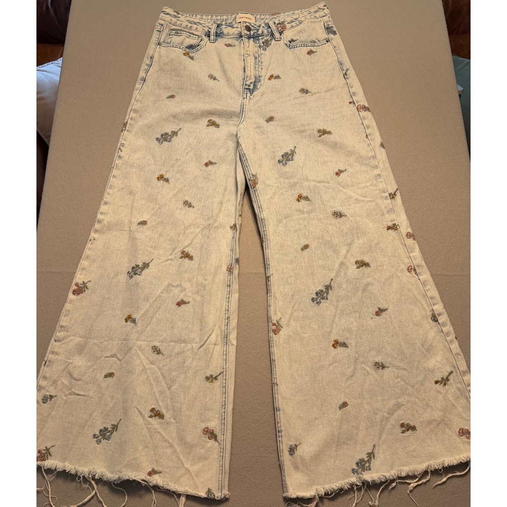 Driftwood Floral Embroidered Wide Leg Jeans Light Wash Blue Women Size 31